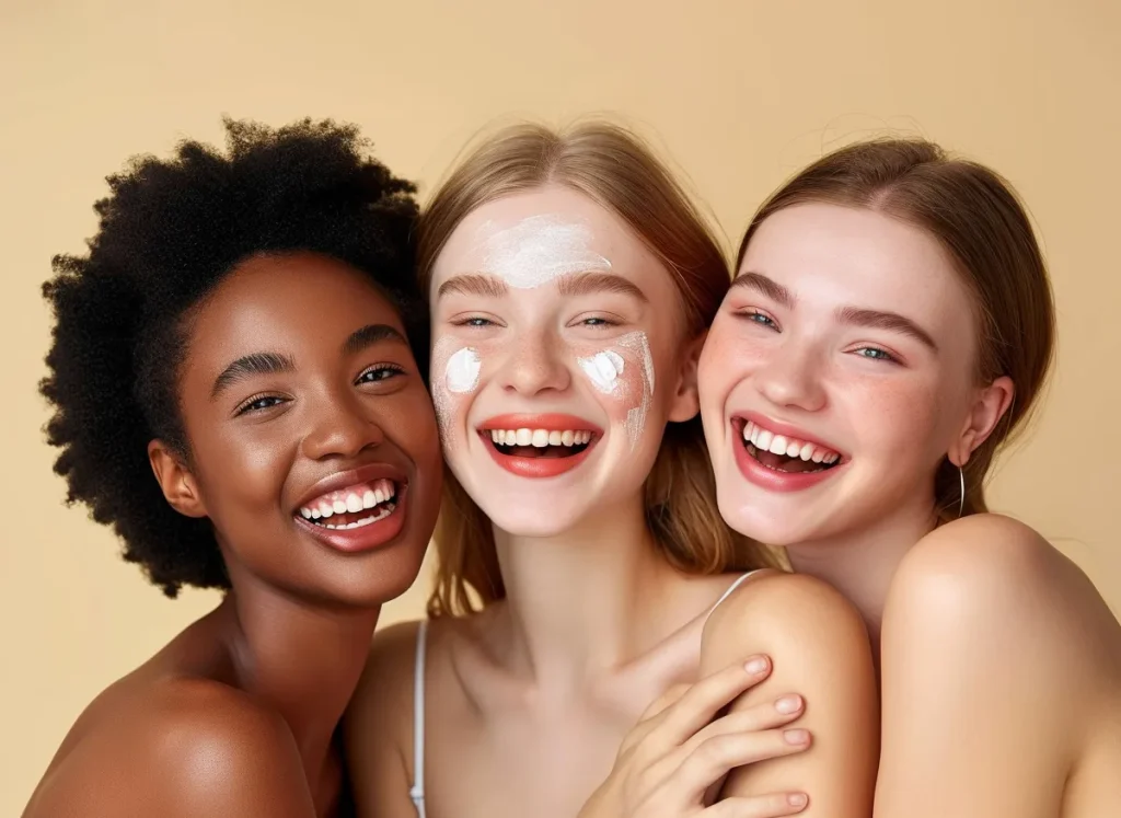 使用含有天然防腐剂护肤品的快乐女性