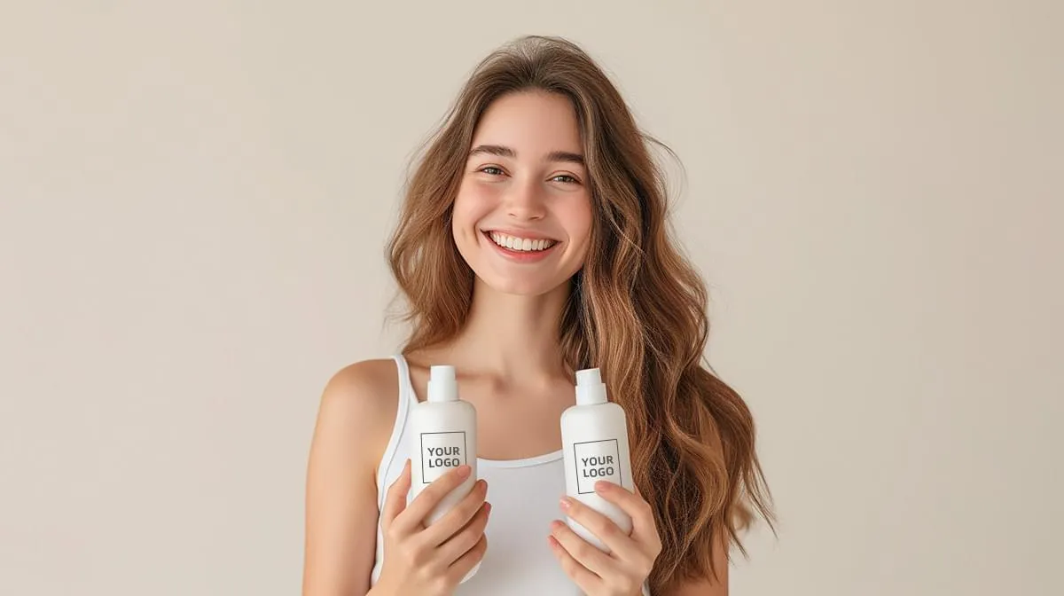 手捧护肤品的快乐女性