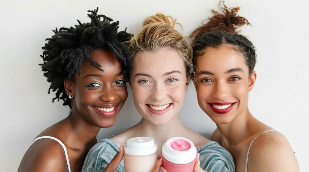 使用优质自有品牌护肤产品的快乐女性