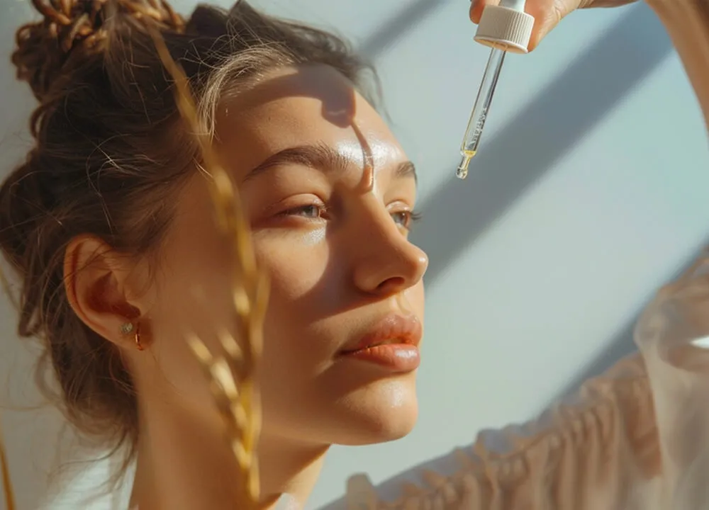 使用含透明质酸和聚谷氨酸精华液的快乐女性