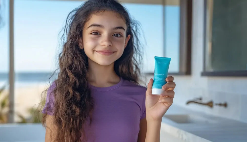 拿着护肤品的快乐孩子