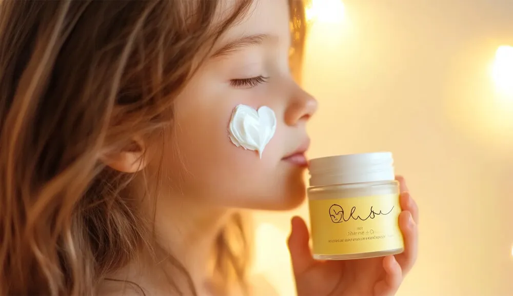 拿着护肤品的快乐孩子